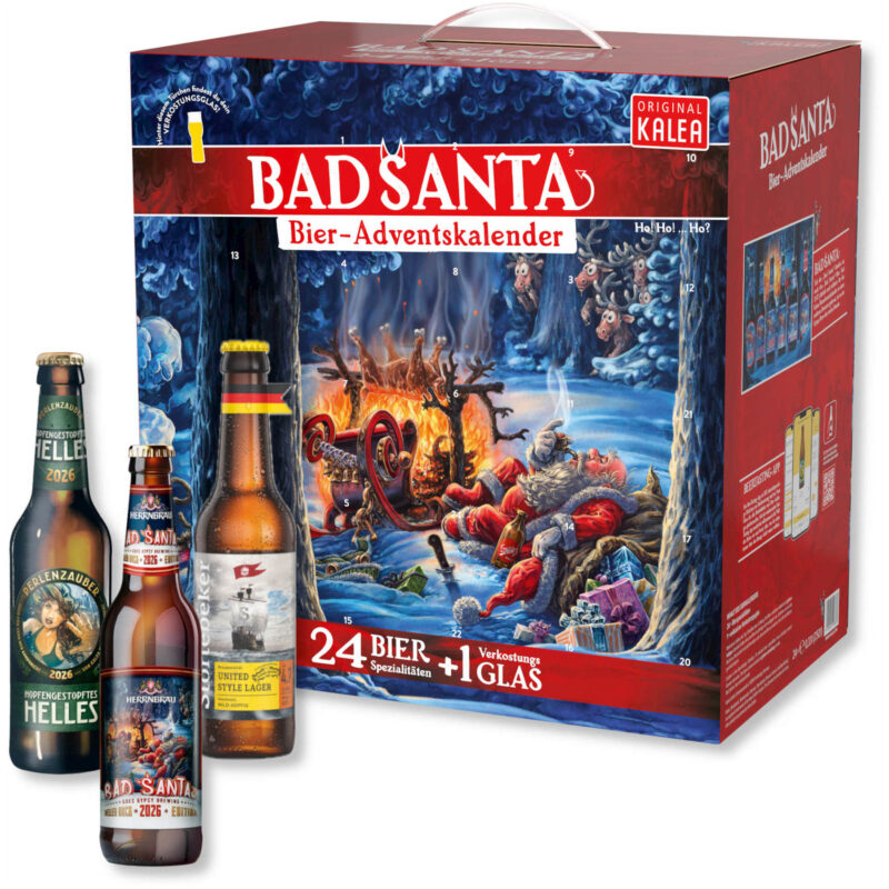 PIWNY KALENDARZ ADWENTOWY 2026 BAD SANTA 24x0,33l + SZKLANKA